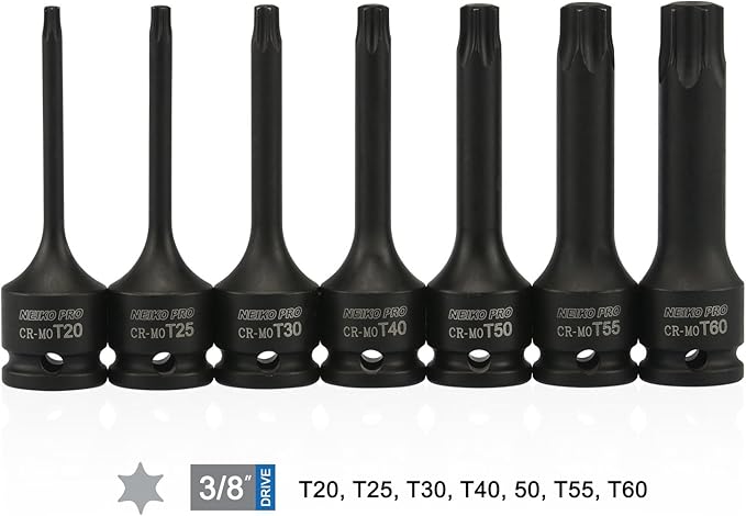 NEIKO 01132B 3/8??Drive Torx Star Driver Bit Socket Set | 7 Piece | T20 to T60 | 3??Length | Cr-Mo Impact Grade