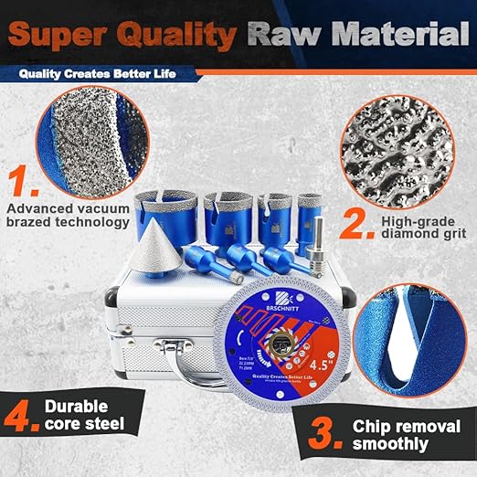Diamond Core Drill Bit Set - BRSCHNITT Tile Hole Saw Kit 1/4" 5/16" 3/8" 1" 1-3/8"2" 2-1/2" & 2" Chamfer Bit for Porcelain Tile Ceramic Marble Granite Diamond Blade