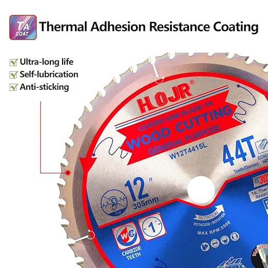 Circular Saw Blade Woodworking TA Series, 12" 44-Tooth Arbor 1", General Purpose Wood Cutting,Special Anti-Thermal Adhesion Coating on Cutting Head -TA,High Finish, Long Life,12" 44T TA