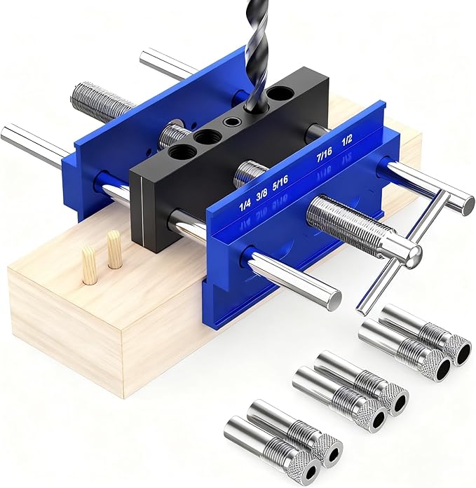 Self Centering Doweling Jig Kit, Drill Jig For Straight Holes Biscuit Joiner Set With 6 Drill Guide Bushings, Adjustable Width Drilling Guide Power Tool Accessory Jigs (XL)