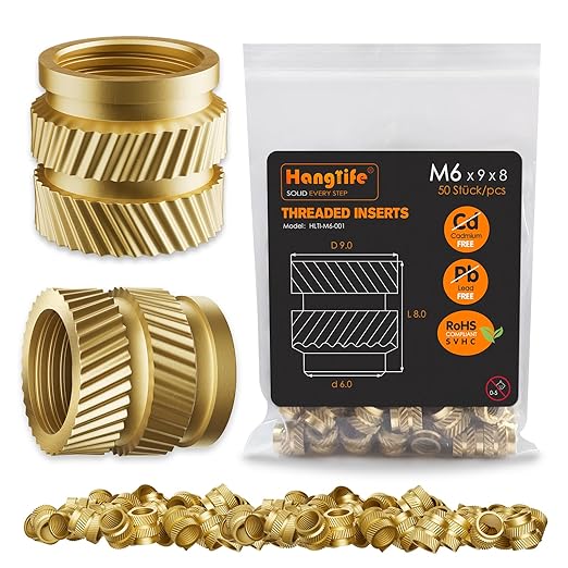 HANGLIFE Heat-Set Threaded Inserts, M6 Heat Set Insert for 3D Printing Components and Plastic Parts - Brass Metric Knurled Nuts (50 Pieces)