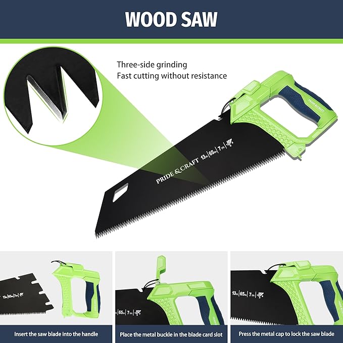 PRIDE&CRAFT 4 In 1 Hand Saw with 4pc Blades Quick Change, Includes Drywall/Metal/Wood/Plastic Saw Blade, Work Glove, Soft and Non-Slip Handle, Fine Cut Hacksaw for Cutting Wood Metal PVC Wallboard