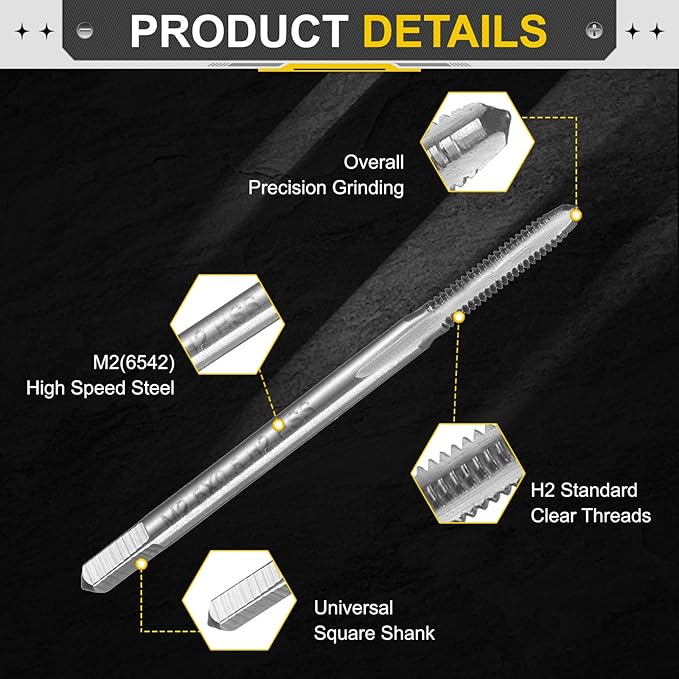 uxcell Hand Plug Tap M2.5 x 0.5 H2 Metric Thread Plug Style Taps Straight Flute Screw Tapping Threading Tool High Speed Steel HSS6542