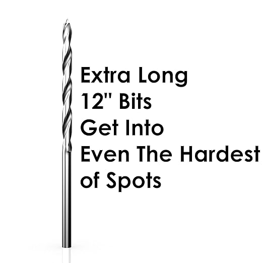 Baker and Bolt Extra Long 12" Brad Point Drill Bit Set for Wood High-Speed Steel Wood Drill Bits Set Titanium Coated Pack of 10 with Storage Sleeve (10 Pcs Brad Point 12" Long 1/8"-1/2")