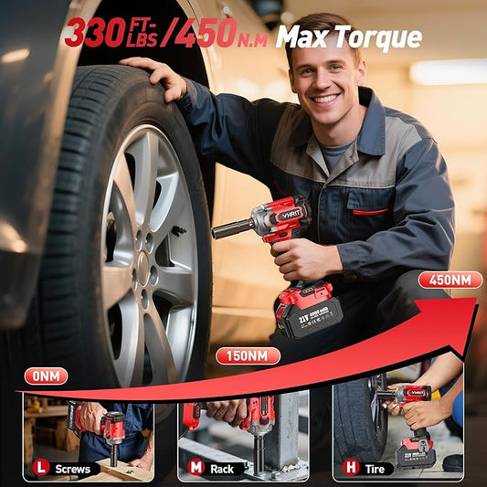 Cordless Impact Wrench 3/8 Inch, 450N.m/ 330Ft-lbs Electric Impact Gun with Blushless Motor, 4000mAh Battery, Charger, 5 Sockets, Power Impact Driver for Car Home, Tire Repair