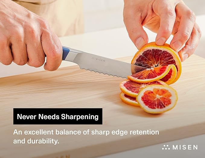 Misen Serrated Bread Knife - High-Carbon Japanese AUS8 Steel - Perfect for Soft Foods, Bread, Pastries, and Fruits - Verstatile Slicer, Razor-Sharp Edge, Durable Blade, Ergonomic Handle - 5", Blue