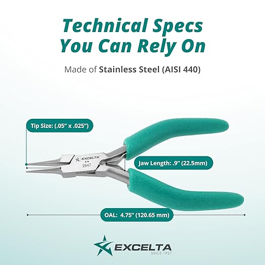 Excelta Precision Stainless Steel Needle Nose Pliers, 4.75 Inch, Cushioned Anti-Static Grip, Rust-Resistant, For Jewelry Making, Electronics Repair, Model Building, Beading, and Detailed Craft Work