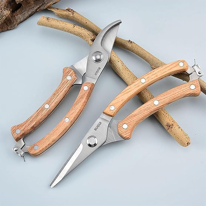 BUGUI 8??Wood Handle Garden Scissors, Set of 2, Includes Bypass Pruning Shears and Long Straight Tip Clippers, Premium Gardening Tools with Precision-Ground SK-5 Steel Blade