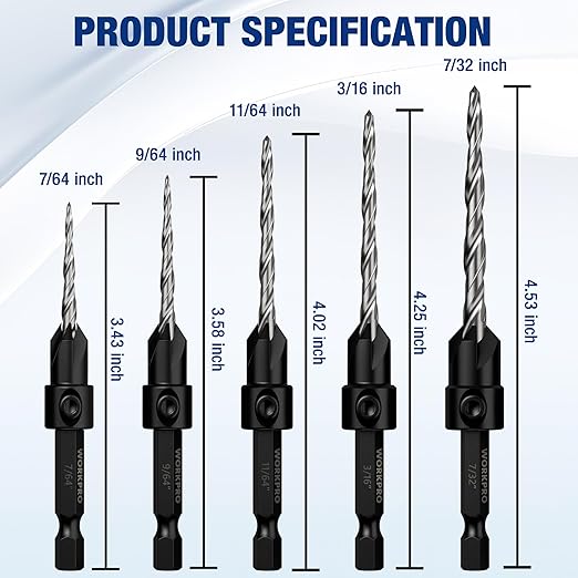 WORKPRO 5-Pack Countersink Drill Bit Set, #4, #6, #8, #10,#12, M2 HSS, 4-Flute Design, Adjustable with Included Hex Key, Ideal for Woodworking & Metal Drilling