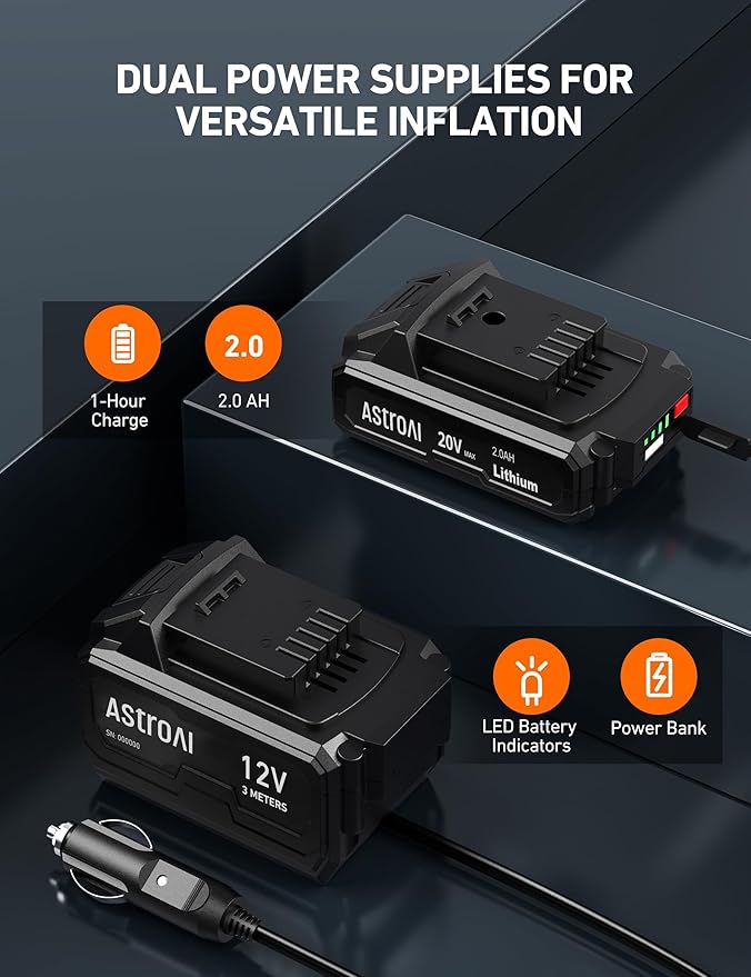 AstroAI C2 Cordless Tire Inflator Air Compressor 20V Rechargeable Battery Powered 160PSI Portable Handheld Air Pump with 12V Car Power Adapter Digital Pressure Gauge for Cars Motorcycles Blue