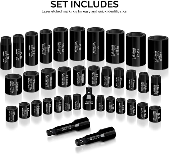 NEIKO 02443A 3/8" and 1/2" Drive Master Impact Socket Set | 38 Piece | Standard SAE (Inch) and Metric (mm) Sizes Below | Deep and Shallow Kit | Cr-V Steel | Includes Duometric Sockets