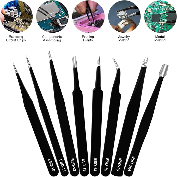 Ainiv Precision Tweezers Set, 8PCS Anti-Static ESD Tweezers, Non-Magnetic Stainless Steel Curved Tweezers Set for Modeling, Electronic Repair, Handicraft, Laboratory, Jewelry Manufacturing, Hobby etc