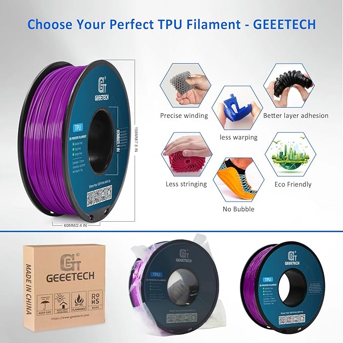 Geeetech TPU Filament 1.75mm ??95A Flexible 3D Printer Filament with High Elasticity, 1KG (2.2lbs) Spool, Dimensional Accuracy 짹0.03mm, Fits Most FDM Printers (Purple)
