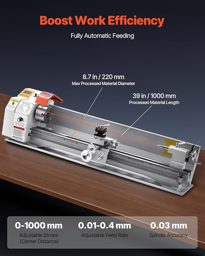 VEVOR Metal Lathe Machine, 8.7 x 39 in, Precision Bench Power Metal Lathe, Automatic Feed, 0-2500 RPM Variable Speed, 1250W Brushless Motor, for Processing Precision Parts Soft Metals Wood Plastics