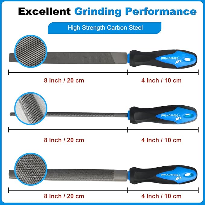 MORROWIND 3 Pcs Metal File Set, 8-Inch Carbon Steel Files with Flat, Half-Round, and Round Shapes, Heavy-Duty Hand Tools for Metal, Wood, Plastic and More, Blue