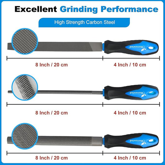 MORROWIND 3 Pcs Metal File Set, 8-Inch Carbon Steel Files with Flat, Half-Round, and Round Shapes, Heavy-Duty Hand Tools for Metal, Wood, Plastic and More, Blue