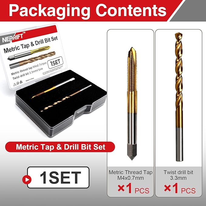 M4 x 0.7 Spiral Point Thread Tap and 3.3mm Twist Drill Bit Set, HSS 6542 and M35 Cobalt Machine Screw Threading Tool for Stainless Steel and Hard Metal Processing