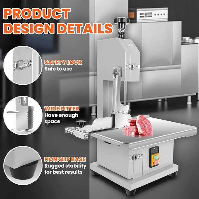 1000W Commercial Electric Meat Bandsaw, 18x14" Stainless Steel Worktable, Cuts 0.04-3.9" Thickness, Frozen Meat Cutter with 8 Blades Included, Electric Bone Saw Machine for Rib Pork Beef