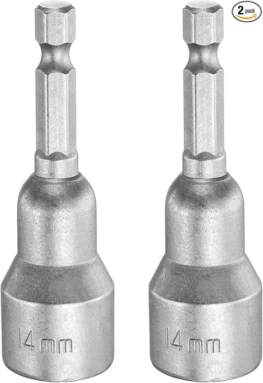 HARFINGTON 2pcs Nut Driver Drill Bit 14mm Metric Socket 1/4" Hex Shank 2.56" (65mm) Long Magnetic 6-Point Sockets Quick Change CR-V Steel Bolt Setters for Power Drill Drivers