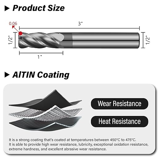 1/2" Carbide Corner Radius End Mills - 0.06" Corner Radius, AlTiN Coated, 4 Flute Endmill for Milling Alloy Steel, Cast Iron, Copper