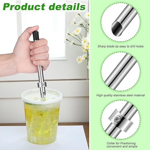 Lasnten 1 Pack Straw Puncher for Plastic Lids Lemonade Cups, Stainless Steel Straw Hole Puncher Punching Tools for Cafe Drinks Fresh Squeezed Lemonade Stand Supplies (6.3 Inch,Black)