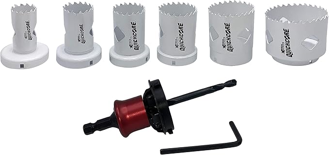 Disston QuickCore 7 pc Set - 1 Each: 1", 1-1/4", 1-1/2", 1-3/4", 2", and 2-1/2" Hole saws, Arbor with a Pilot Drill bit, Hex Key