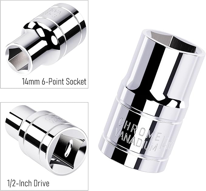 14mm(9/16") Shallow Socket, 1/2 Inch Drive, 6-Point, Metric, Heat Treated CR-V Steel Short Sockets, Full Polishing, 1.5 Inch Length