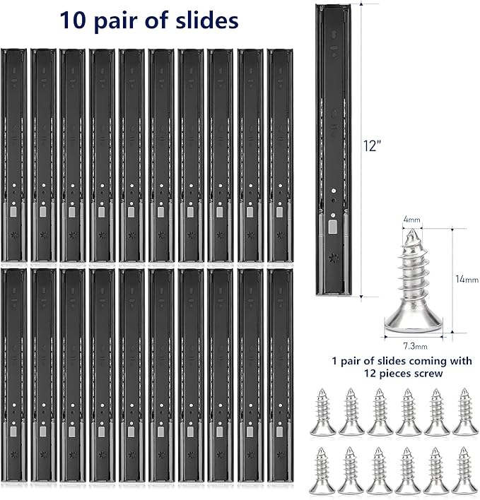 Ravinte 12 Inch Soft Close Drawer Slides 10 Pairs 20 Pack Black Full Extension Ball Bearing Drawer Glide Side Mount