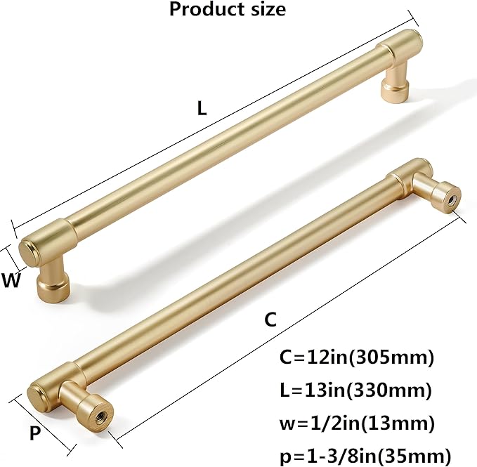 Khtumeware 6 Pack Gold Cabinet Handles - 12" (305mm) Hole Center Brushed Gold Pulls for Cabinets and Drawers