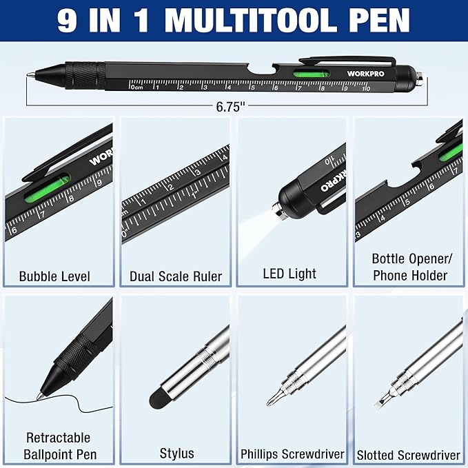 WORKPRO Father's Day Gifts for Men, 9 Functions Multi-tool Pen Set, Birthday Gifts for Who Have Everything, Cool EDC Gadgets for Men, Stocking Stuffers, for Dad Grandpa Husband Him Adults Boyfriend