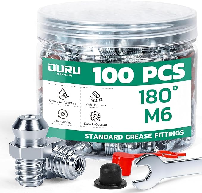 100PCS M6 Grease Fittings Kit, METRIC Zerk Grease Fittings Straight with Grease Fitting Caps & Wrench Kit(7mm) for Grease Gun