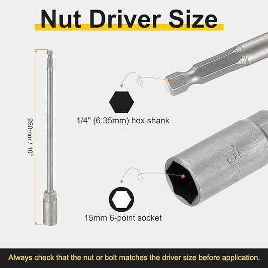 HARFINGTON 2pcs Nut Driver Drill Bit 15mm Metric Socket 1/4" Hex Shank 10" (250mm) Extra Long Magnetic 6-Point Sockets Quick Change 40Cr Steel Bolt Setters for Power Drill Drivers