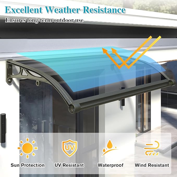 Awning for Door Entrance, Window Awnings Exterior with Aluminum Bracket, UV, Rain & Snow Protection, Durable Polycarbonate Canopy for Entrance, Balcony, Garage, Gray 60x210cm/24x83in