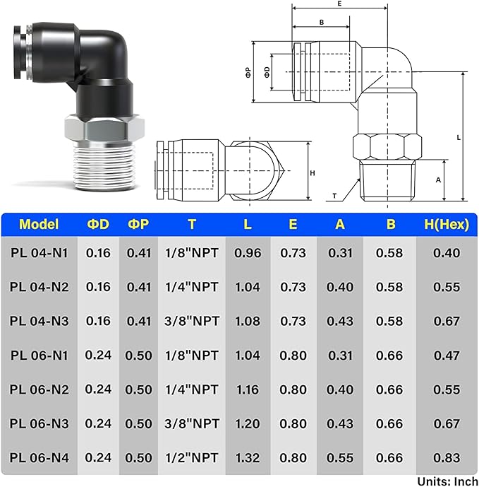 TAILONZ PNEUMATIC Male Elbow 4mm Tube OD x 1/4 Inch NPT Thread 90 Push to Connect Fittings PL4-N2 (Pack of 10)