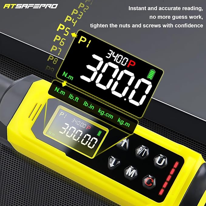 ATsafepro Digital Torque Wrench-1/2-Inch Drive & 5.1-340Nm (3.8-250.8 ft-lb), Heavy Duty Torque Wrench with Buzzer, 5 Units, 짹2% Accuracy for Trucks & Machinery