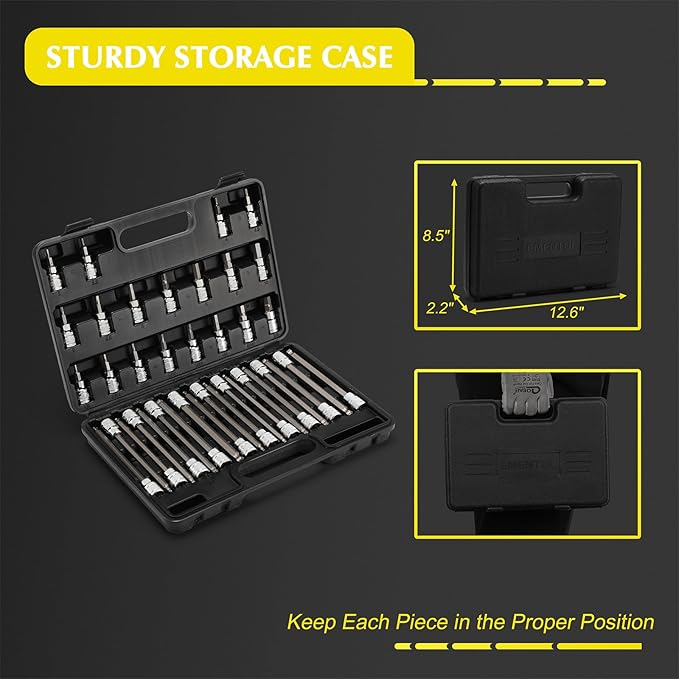 EMENTOL 38PCS 3/8" Drive Hex Bit Socket Set, CR-V, S2 Steel, SAE/Metric, Extra Long Ball-End and Standard Allen Hex Bit Socket Set, 1/8 Inch - 3/8 Inch, 3mm - 10mm