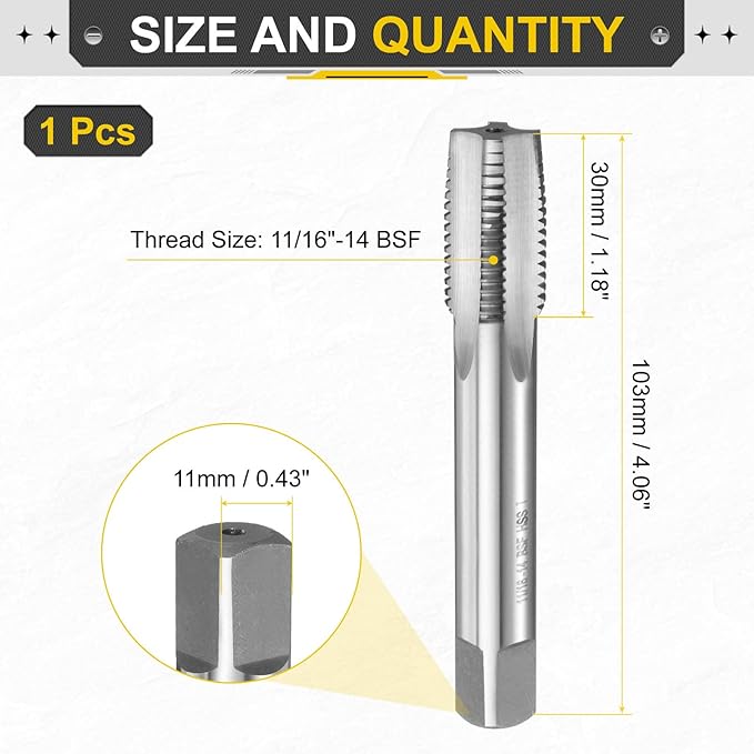 uxcell Hand Taper Tap 11/16"-14 BSF Thread Taper Style Taps Straight Flute Screw Tapping Threading Tool High Speed Steel HSS6542