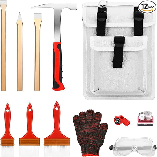 12 PCS Geology Rock Hammer Kit, 24oz Rock Pick Hammer, 3PCS Digging Chisels, Canvas Shoulder Bag, 3PCS Brushes,2-in-1 Whistle, Loupe, Gloves, Safety Goggles, Rock Hounding Tools