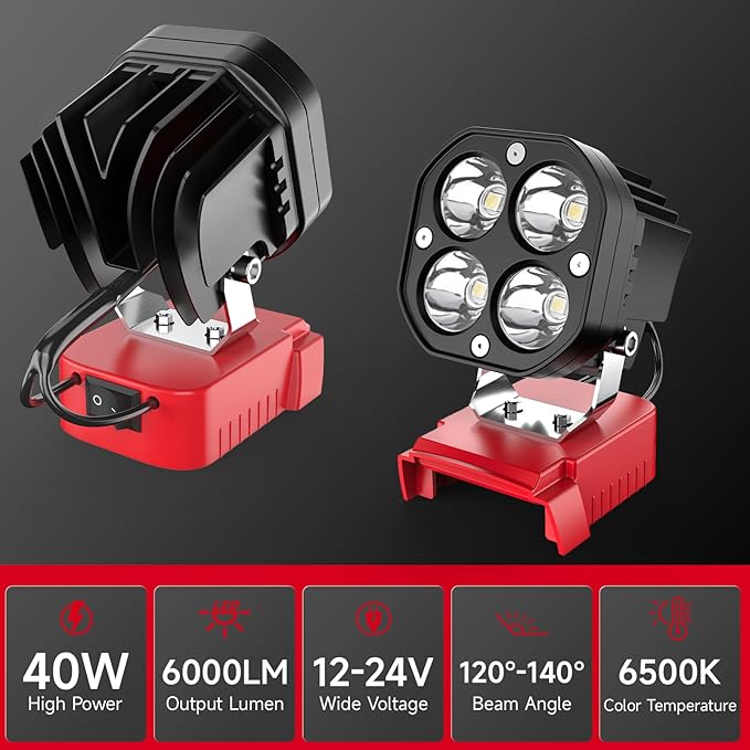 2 Packs Azocek LED Work Light Compatible with Mil-wau-kee 18V Battery, 40W 6000LM Flashlight,18V Battery Cordless Work Light 120째Adjustable with Low Voltage Protection for Outdoors Job Site Lighting
