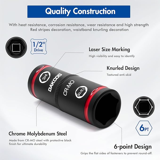 Lug Nut Impact Socket Set,Double Ended Thin Wall Wheel Socket Set with 3" Extension Bar, Metric 17-19 21-22 mm & SAE 3/4"-13/16", 7/8"-15/16", Cr-Mo Steel