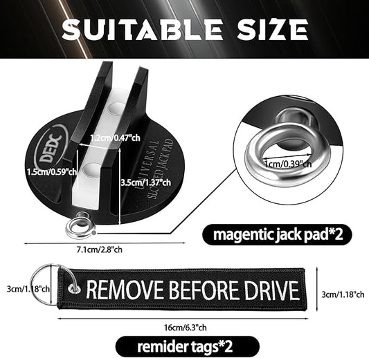 DEDC Universal Pinch Weld Jack Pad 2 Pcs Black, Magnetic Aluminum Jacking Puck Frame Rail Protecotr with 2 Reminder Streamers, Garage Accessories for Mechanics