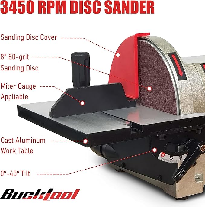 BUCKTOOL Bench Belt Sander with Rotating Base and Dust Collection Fitting, Belt Sander for Woodworking 4 in. x 36 in. Belt & 8 in. Disc with 3/4HP Direct-drive Motor with Rotating Base, BD4801