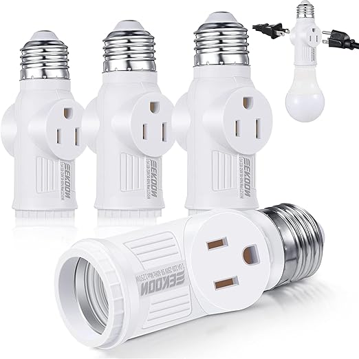 Feekoon 4 Pcs Light Socket to Plug Adapter, Convert E26 Light Socket to 3 Prong Outlet Adapter, Screw in Outlet for Lamp Sockets for Garage Porch (White)