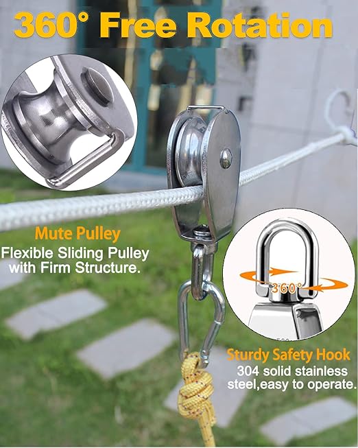 Rocaris 4 Pack M15 Lifting Single Pulley Block 304 Stainless Steel Crane Swivel Hook Double Pulley Roller Loading
