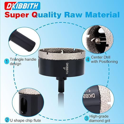 3" Diamond Hole-Saw Bits with Pilot Drill Bit 3 in Diamond Tipped Tile Hole Saws with Guiding Bit for Accurate Drilling, for Porcelain Tile Ceramic Pottery Granite Stone Glass Bottles 75mm