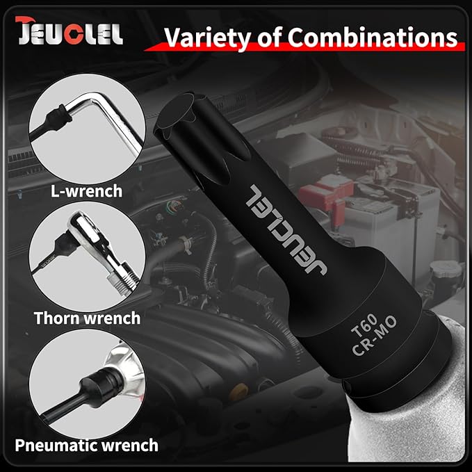 8PCS Torx Star 6 Point Impact Bit Socket Set, T30 T40 T45 T50 T55 T60 T70 T80 1/2-Inch Impact Drive Allen Socket Kit, Cr-Mo Steel Socket Remover Hand Repair Tool