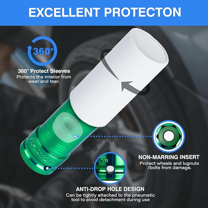 1/2" Drive Wheel Protector Impact Socket, Non-Marring Lug Nut Thin Wall Deep Socket Set, CR-MO, 6 Point, Color-Coded Protective Socket | Metric 17 19 21 22 mm (4 PCS)