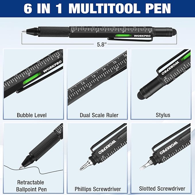 WORKPRO Father's Day Gifts for Men, 9 Functions Multi-tool Pen Set, Birthday Gifts for Who Have Everything, Cool EDC Gadgets for Men, Stocking Stuffers, for Dad Grandpa Husband Him Adults Boyfriend