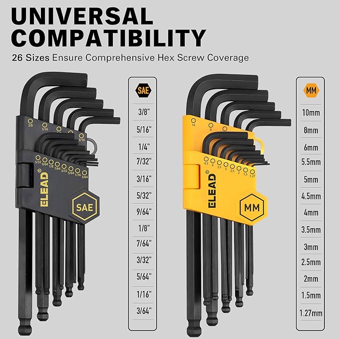 ELEAD Allen Wrench Hex Key Set: Premium 27pcs Durable Hex Key Set with Grip Handle, Long and Short Arm with Ball End, Metric & SAE Size Allen Key Set, Organized Storage