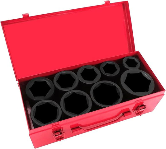 1 Inch Drive Deep Impact Socket Set,9 Pieces,6-Point,SAE Sizes (1",1-1/8",1-1/14",1-3/8",1-1/2",1-5/8",1-3/4",1-7/8",2"),Cr-Mo Steel